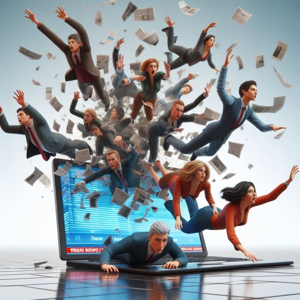 Menschen stürzen aus einem Laptop