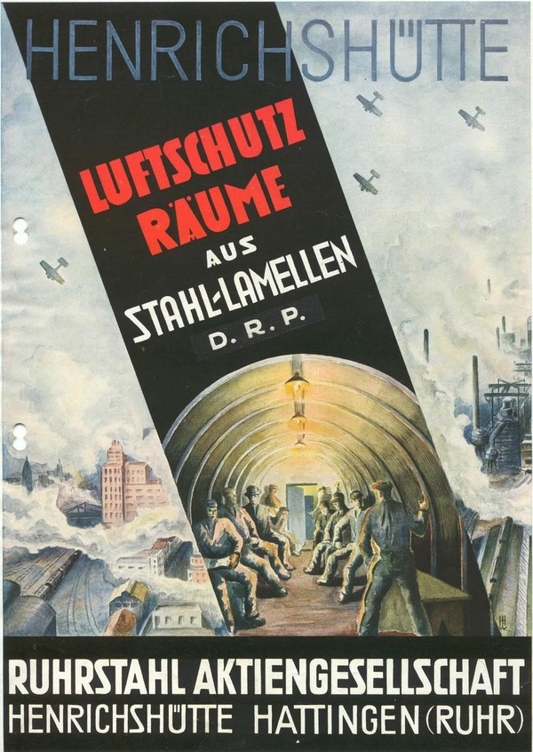 Auf einem Plakat verstecken sich Menschen in einem stählernen Luftschutzbunker vor einem Fliegerangriff.