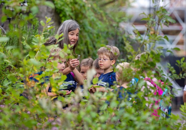 Frau mit Kindern hinter Sträuchern und Blumen auf dem Gelände der Henrichshütte