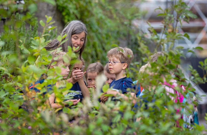 Gruppe Kinder auf dem grünen Hüttengelände