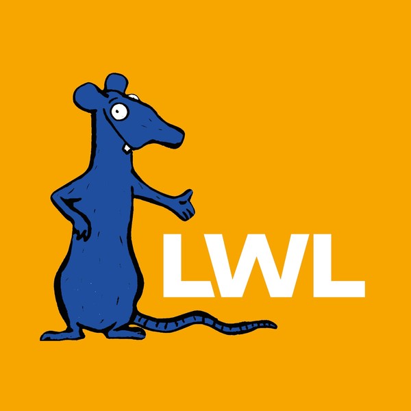Gezeichnete blaue Ratte mit LWL Logo